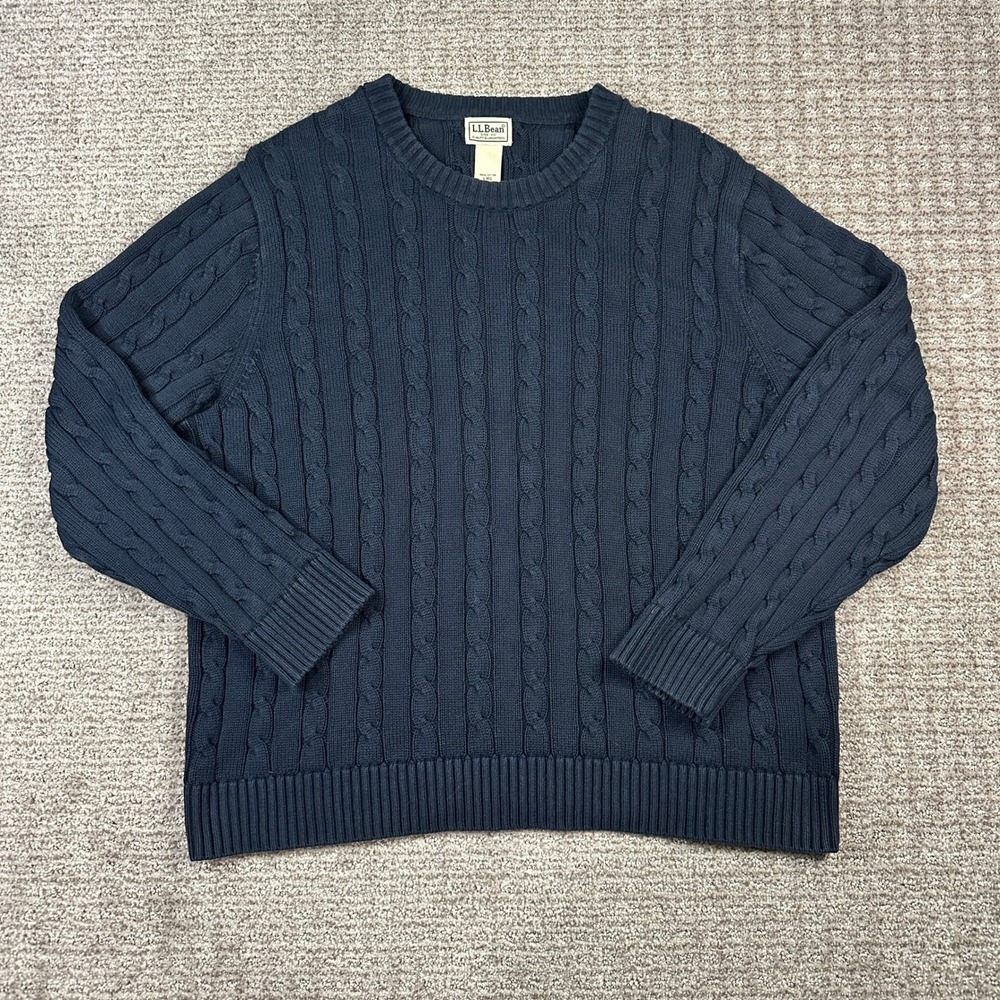 LL Bean Mens Navy Blue Cable Knit Cotton Crewneck Sweater 500583 L-REG